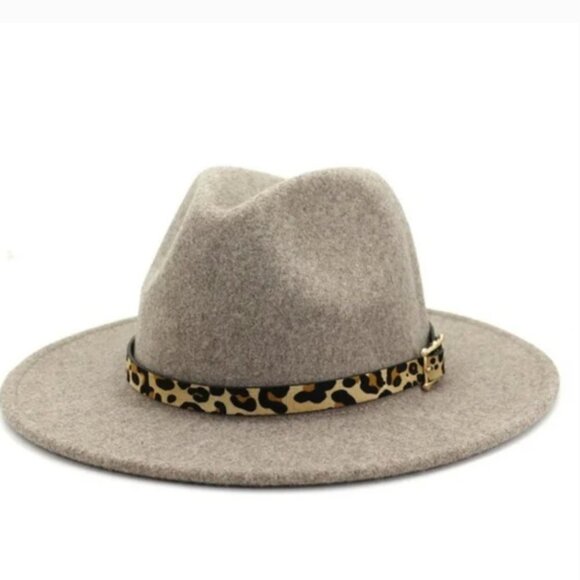 Wide brim oatmeal wool blend fedora with leopard print hatband NWT - Picture 1 of 4
